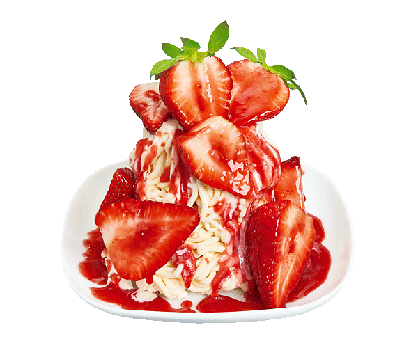 Erdbeeren Spaghetti-Eis: Vanilleeis, Schlagsahne, frische Erdbeeren, hausgemachte Erdbeersoße