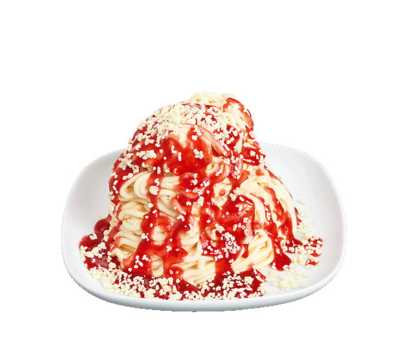 Spaghettieis klassisch: Vanilleeis, Schlagsahne, hausgemachte Erdbeersoße und weiße Schokoraspeln